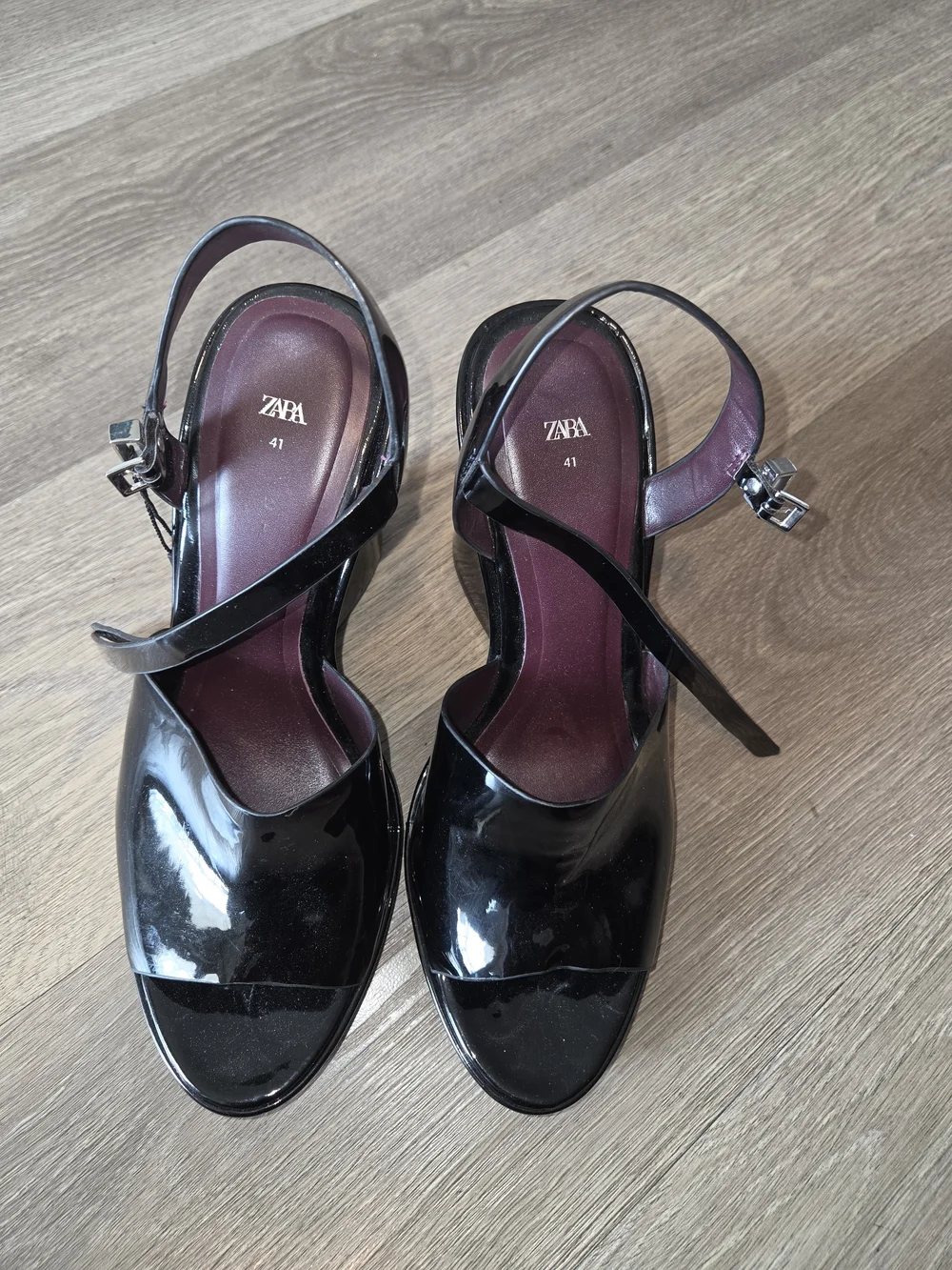 Zara Black Faux Patent Leather Wedge Sandals